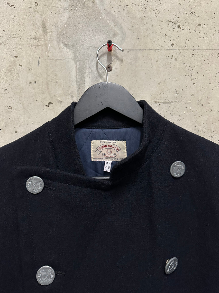 Armani Jeans 1990s Navy Blue Wool Overcoat (S-M)